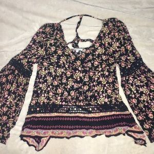 Black floral bell sleeve top